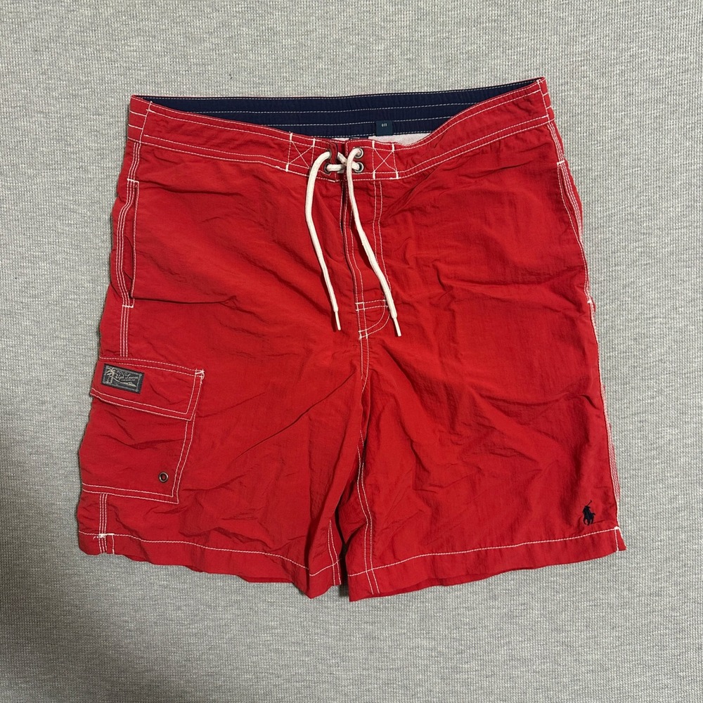 Polo Ralph Lauren Red Nylon Mesh Lined Cargo Swim Trunks Board Shorts Mens Small